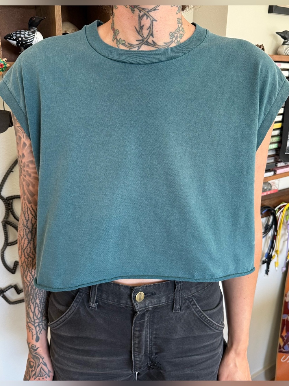 Vintage 90s Green Cropped Boxy Muscle Tee Jerzees ~ Size Large